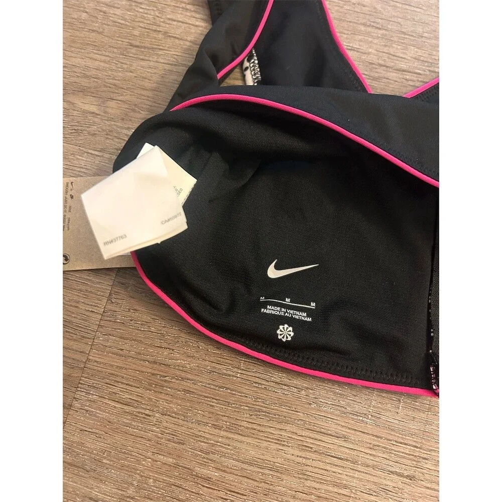Nike Swim Bikini Top Womens M White Black Polka Dot Zip Front Pink Trim